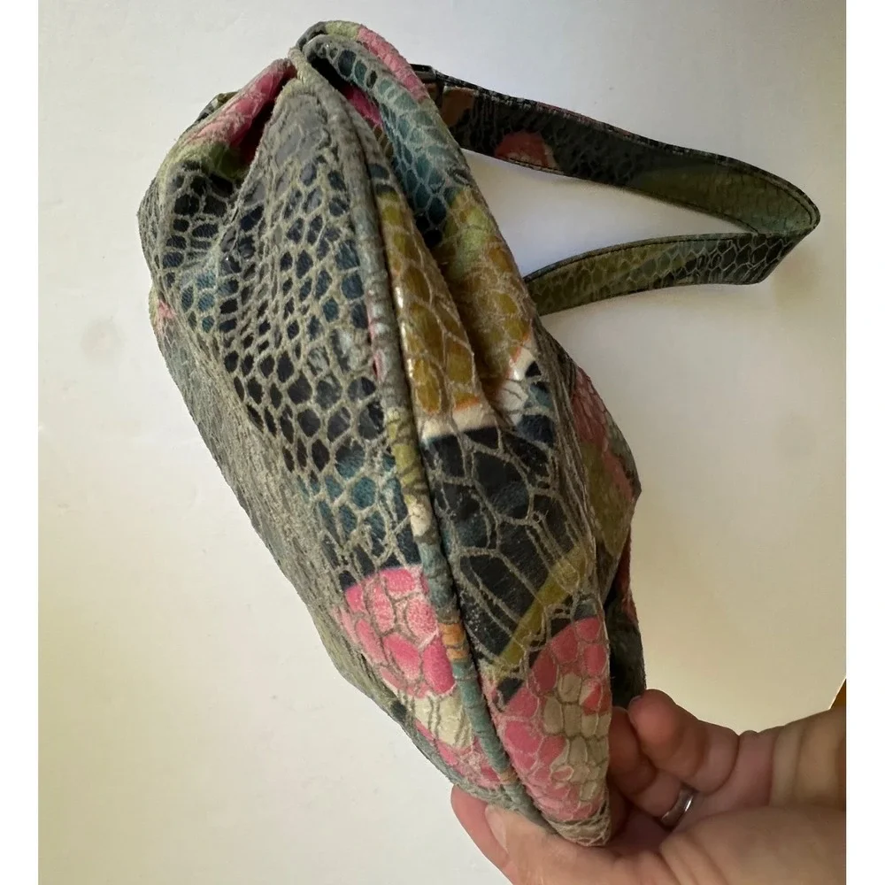 Y2K Hobo International Snakeskin Embossed Floral Leather Shoulder Bag Multi